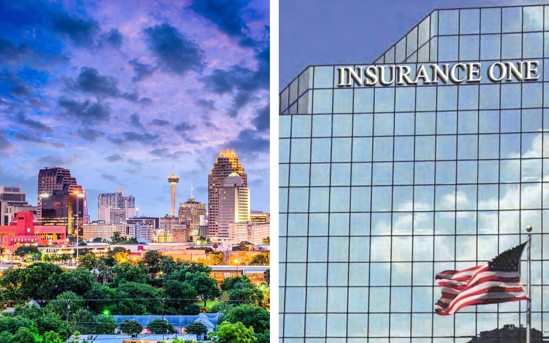 Homepage - Split Screen of San Antonio Texas Skyline During Sunset with Insurance One Building